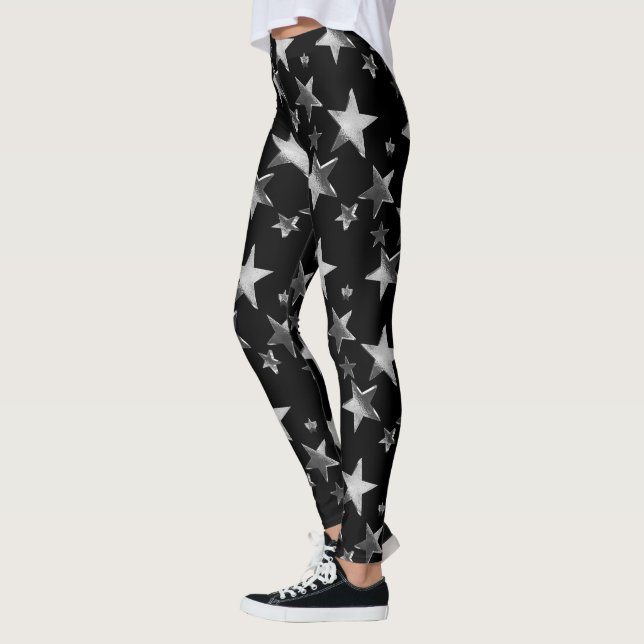 Festive Leggings Black Silver Grey Christmas Stars (Left)