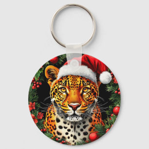 Festive Leopard Wearing Santa Hat Key Ring