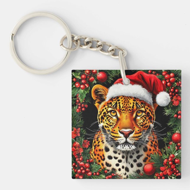 Festive Leopard Wearing Santa Hat Key Ring (Front)