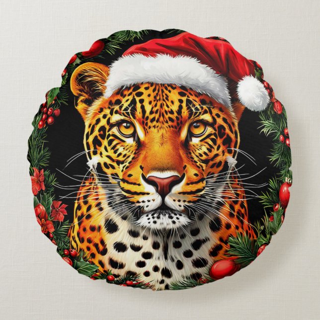Festive Leopard Wearing Santa Hat Round Cushion (Front)