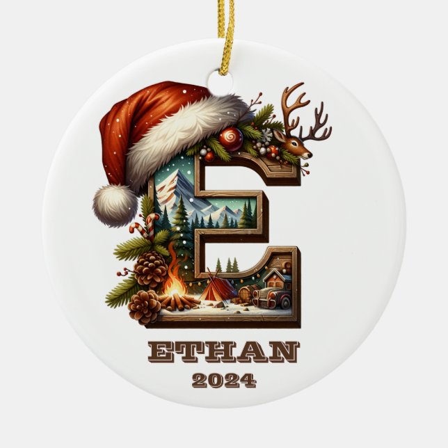 Festive Letter E Winter Scene with Santa Hat Ceramic Ornament (Front)