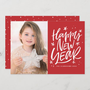 Festive Lettering Red Happy New Year Photo Holiday Card