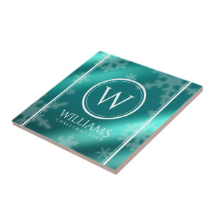 Festive Light Blue Foil Snowflakes Monogram Name Ceramic Tile