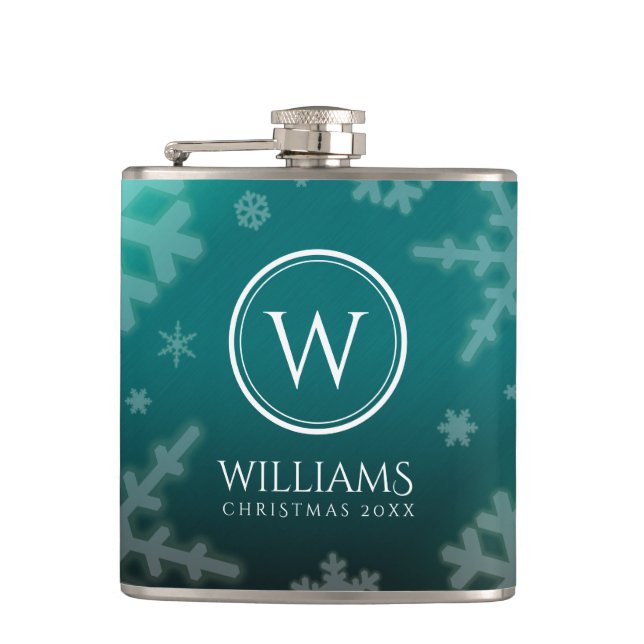 Festive Light Blue Foil Snowflakes Monogram Name Hip Flask (Front)