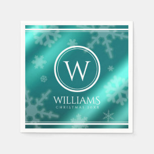 Festive Light Blue Foil Snowflakes Monogram Name Napkin