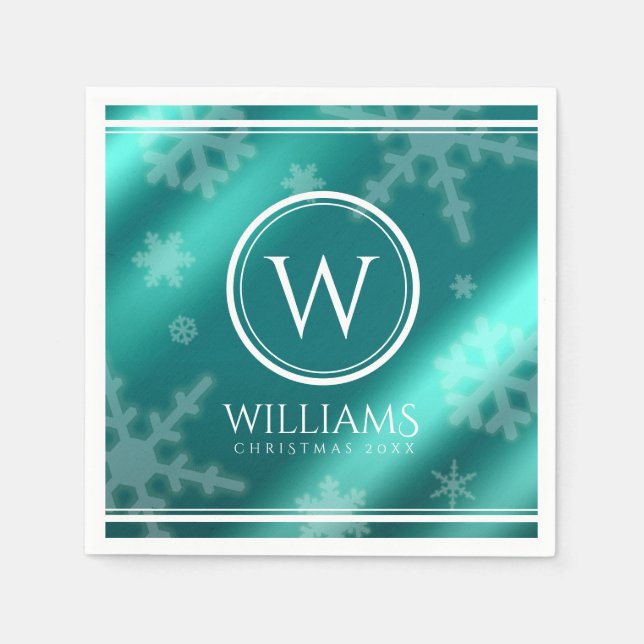 Festive Light Blue Foil Snowflakes Monogram Name Napkin (Front)