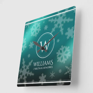 Festive Light Blue Foil Snowflakes Monogram Name Square Wall Clock