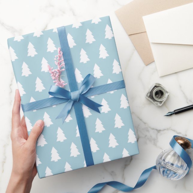 Festive Light Blue White Christmas Tree pattern Wrapping Paper (Gifting)