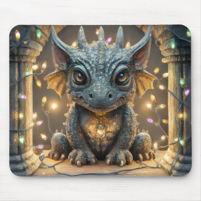 Festive Lights Chibi Gargoyle Dragon Mouse Pad (Front)