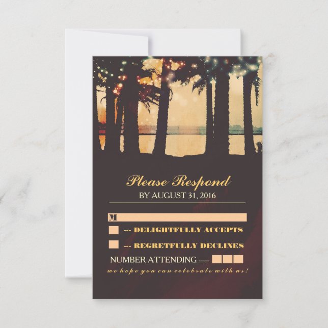 festive lights palms beach wedding RSVP Card (Front)
