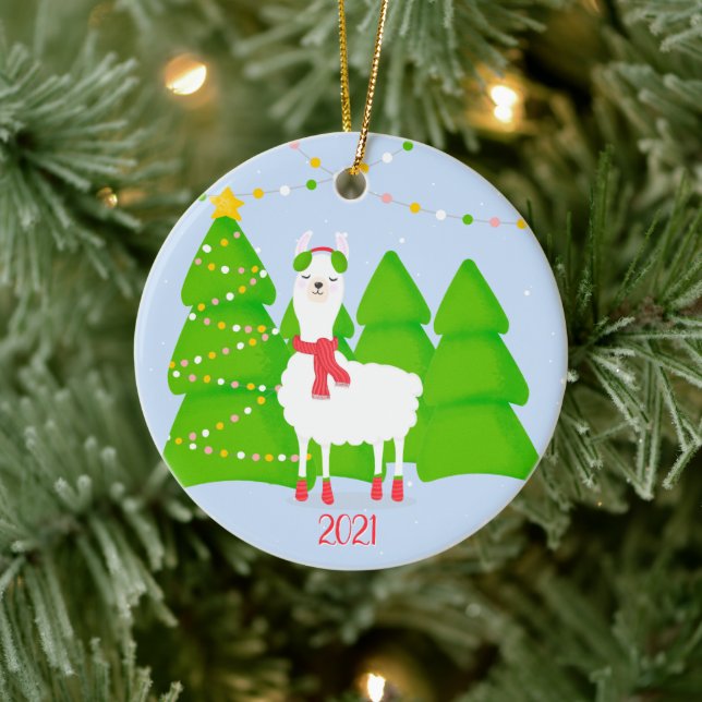 Festive Llama Christmas Ceramic Ornament (Tree)