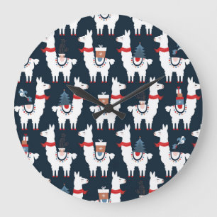 Festive Llamas: Christmas Pattern Delight Large Clock