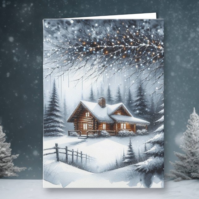 Festive Log Cabin in the Winter Woods Christmas Holiday Card (Creator Uploaded)