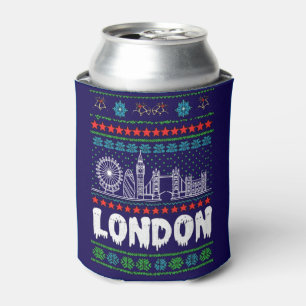 Festive London United Kingdom Ugly Christmas Can Cooler