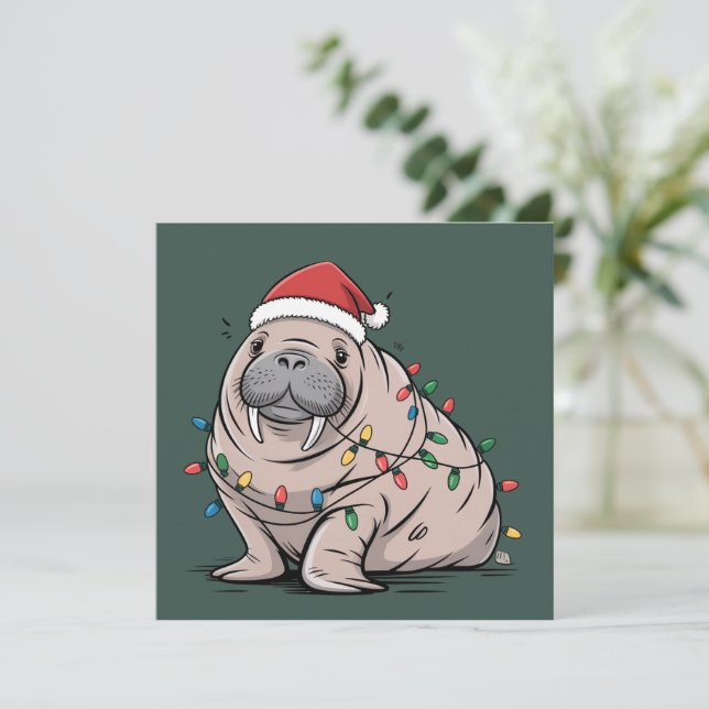 Festive Manatee Christmas Santa Ocean Lover Cosy Holiday Card (Standing Front)