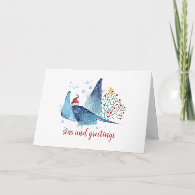 Festive Manta Ray Seas n Greetings Christmas Tree Holiday Card (Front)