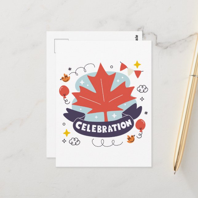 Festive Maple Leaf Celebration Postcard (Front/Back In Situ)