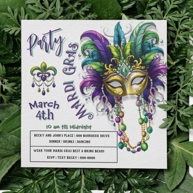 Festive Mardi Gras and Fleur Des Lis Party Invite (Festive Mardi Gras Mask with feathers, beads and fleur des lis party invitations )
