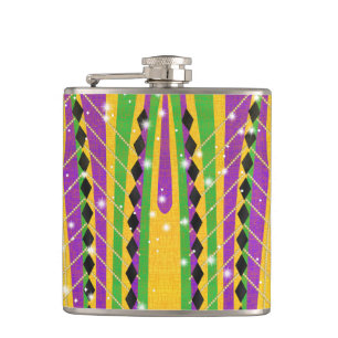 Festive Mardi Gras Colourful Stripe Pearl Diamond  Hip Flask