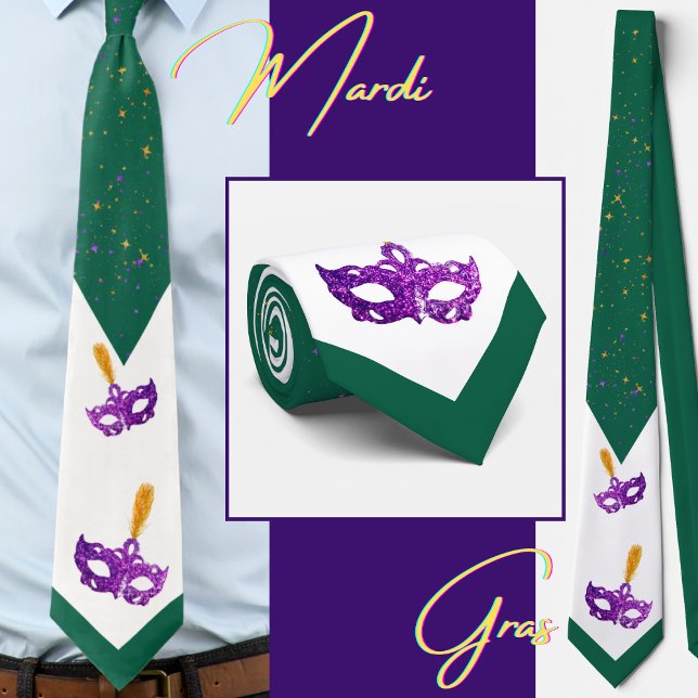 Festive Mardi Gras Masks and confettis Tie (Different views of this stunning Mardi Gras tie)