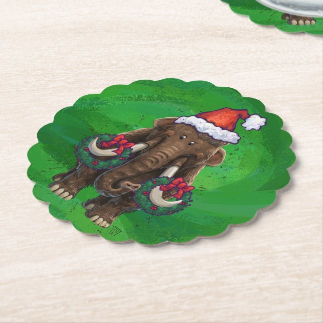 Festive Mastodon on Green Paper Coaster (Angled)