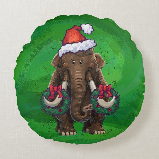 Festive Mastodon on Green Round Cushion (Front)