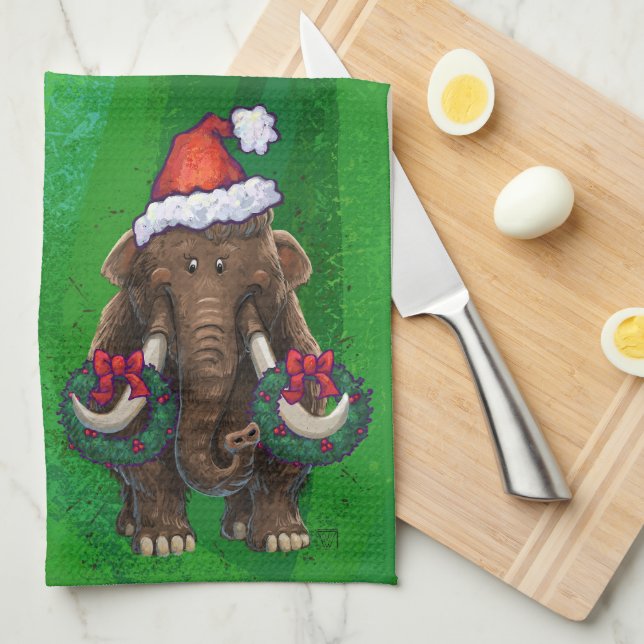 Festive Mastodon on Green Tea Towel (Quarter Fold)