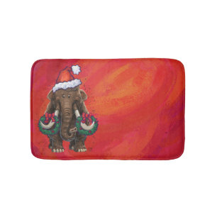Festive Mastodon on Red Bath Mat