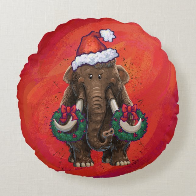 Festive Mastodon on Red Round Cushion (Front)