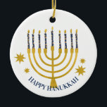 Festive Menorah Candles Happy Hanukkah  Ceramic Ornament<br><div class="desc">Faux gold foil menorah candles for your Hanukkah celebration. Whimsical menorah illustration with white stars covered celestial candles on a faux gold menorah candle stand. Menorah starry Hanukkah illustrated design gifts and paper products.</div>