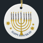 Festive Menorah Candles Happy Hanukkah  Ceramic Ornament<br><div class="desc">Faux gold foil menorah candles for your Hanukkah celebration. Whimsical menorah illustration with white stars covered celestial candles on a faux gold menorah candle stand. Menorah starry Hanukkah illustrated design gifts and paper products.</div>