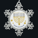 Festive Menorah Candles Happy Hanukkah Snowflake Pewter Christmas Ornament<br><div class="desc">Faux gold foil menorah candles for your Hanukkah celebration. Whimsical menorah illustration with white stars covered celestial candles on a faux gold menorah candle stand. Menorah starry Hanukkah illustrated design gifts and paper products.</div>