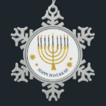 Festive Menorah Candles Happy Hanukkah Snowflake Pewter Christmas Ornament<br><div class="desc">Faux gold foil menorah candles for your Hanukkah celebration. Whimsical menorah illustration with white stars covered celestial candles on a faux gold menorah candle stand. Menorah starry Hanukkah illustrated design gifts and paper products.</div>