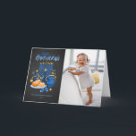 Festive Menorah Chalkboard Photo Happy Hanukkah Holiday Card<br><div class="desc">Happy Hanukkah! Send Hanukkah wishes to family and friends with this customisable photo card. It features watercolor illustrations of Hanukkah symbols such as Hanukkiah or menorah,  sufganiyot,  olives and dreidel on a faux chalkboard background. Personalise by adding names and a photo.</div>