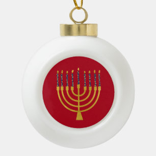 Festive Menorah Hanukkah Blue Candles Drawing Ceramic Ball Christmas Ornament