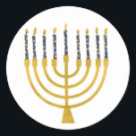 Festive Menorah Hanukkah Blue Candles Drawing Classic Round Sticker<br><div class="desc">Faux gold foil menorah candles for your Hanukkah celebration. Whimsical menorah illustration with white stars covered celestial candles on a faux gold menorah candle stand. Menorah starry Hanukkah illustrated design gifts and paper products.</div>