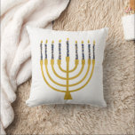 Festive Menorah Hanukkah Blue Candles Drawing  Cushion<br><div class="desc">Faux gold foil menorah candles for your Hanukkah celebration. Whimsical menorah illustration with white stars covered celestial candles on a faux gold menorah candle stand. Menorah starry Hanukkah illustrated design gifts and paper products.</div>