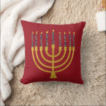 Festive Menorah Hanukkah Blue Candles Drawing Red Cushion<br><div class="desc">Faux gold foil menorah candles for your Hanukkah celebration. Whimsical menorah illustration with white stars covered celestial candles on a faux gold menorah candle stand. Menorah starry Hanukkah illustrated design gifts and paper products.</div>
