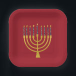 Festive Menorah Hanukkah Blue Candles Elegant   Paper Plate<br><div class="desc">Faux gold foil menorah candles for your Hanukkah celebration. Whimsical menorah illustration with white stars covered celestial candles on a faux gold menorah candle stand. Menorah elegant starry Hanukkah illustrated design gifts and paper products.</div>