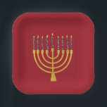 Festive Menorah Hanukkah Blue Candles Elegant   Paper Plate<br><div class="desc">Faux gold foil menorah candles for your Hanukkah celebration. Whimsical menorah illustration with white stars covered celestial candles on a faux gold menorah candle stand. Menorah elegant starry Hanukkah illustrated design gifts and paper products.</div>
