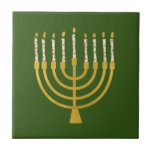 Festive Menorah Hanukkah Candles Elegant Green Ceramic Tile<br><div class="desc">Faux gold foil menorah candles for your Hanukkah celebration. Whimsical menorah illustration with white stars covered celestial candles on a faux gold menorah candle stand. Minimalist menorah elegant starry Hanukkah illustrated design gifts and paper products.</div>