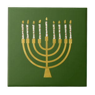 Festive Menorah Hanukkah Candles Elegant Green Ceramic Tile