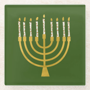 Festive Menorah Hanukkah Candles Elegant Green Glass Coaster