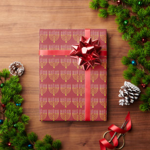 Festive Menorah Hanukkah Candles Pattern Red Wrapping Paper
