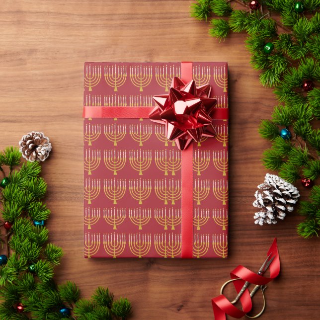 Festive Menorah Hanukkah Candles Pattern Red Wrapping Paper (Holiday Gift)