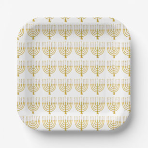 Festive Menorah Hanukkah Candles Pattern White Paper Plate