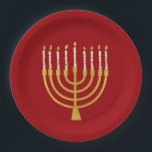 Festive Menorah Hanukkah Celestial Candle Ruby Red Paper Plate<br><div class="desc">Faux gold foil menorah candles for your Hanukkah celebration. Whimsical menorah illustration with white stars covered celestial candles on a faux gold menorah candle stand. Menorah elegant starry Hanukkah illustrated design gifts and paper products.</div>