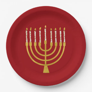 Festive Menorah Hanukkah Celestial Candle Ruby Red Paper Plate