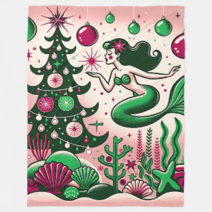 “Festive Mermaid’s Undersea Christmas Celebration” Fleece Blanket