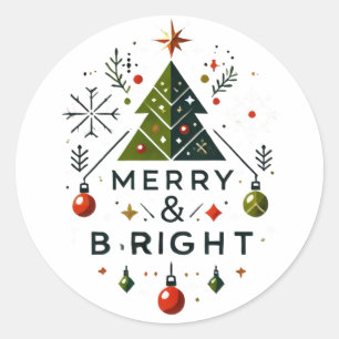 Festive Merry and Bright Christmas Tree Design Classic Round Sticker